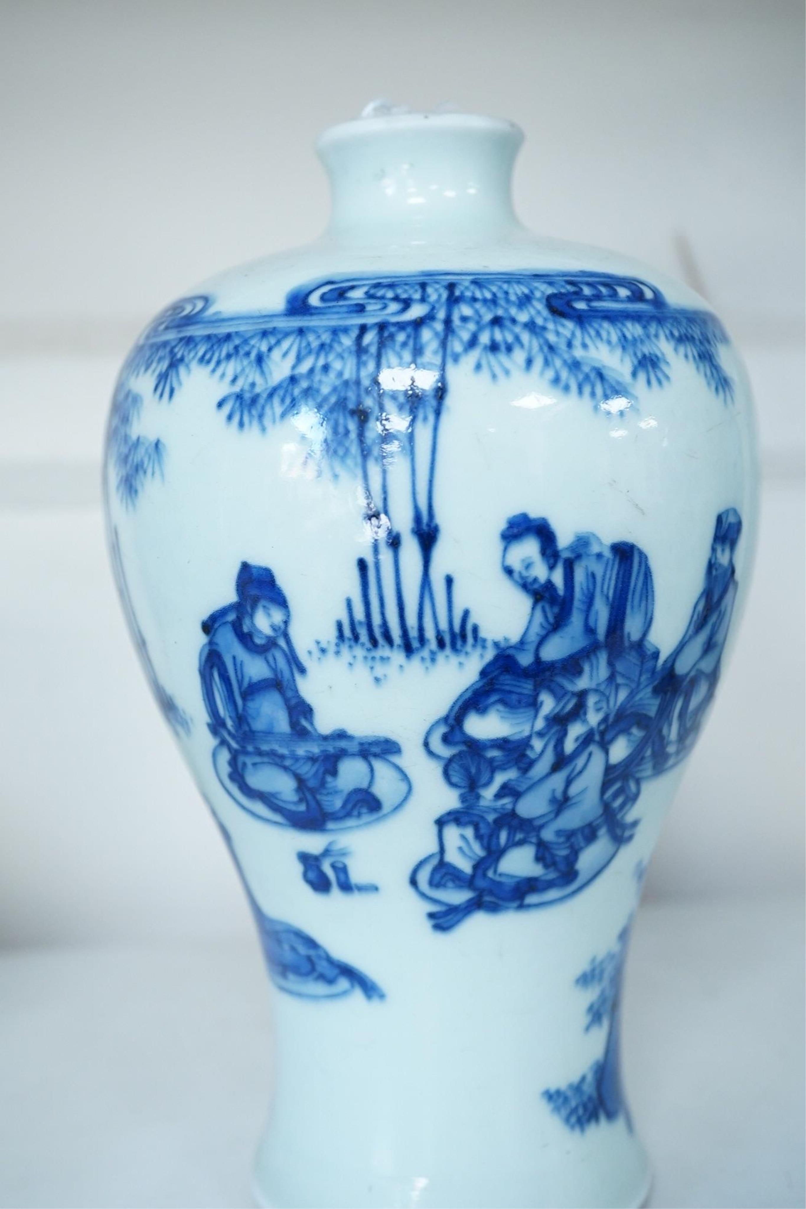 A Chinese inscribed blue and white ‘seven sages of the bamboo grove’ meiping, Kangxi period (1662-1722)